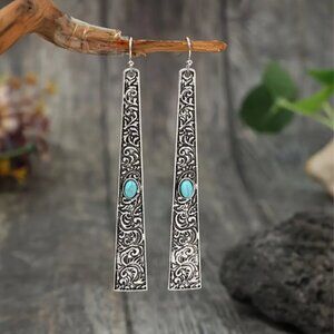 Turquoise Accent Filigree Drop Earrings - Silver Tone